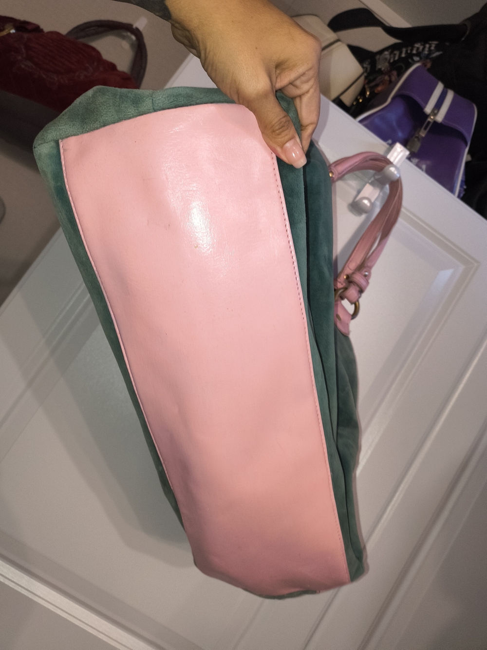 Juicy Couture Green Velvet Tote with Pink Leather Handles and Embroidered Crest - Picture 4 of 12